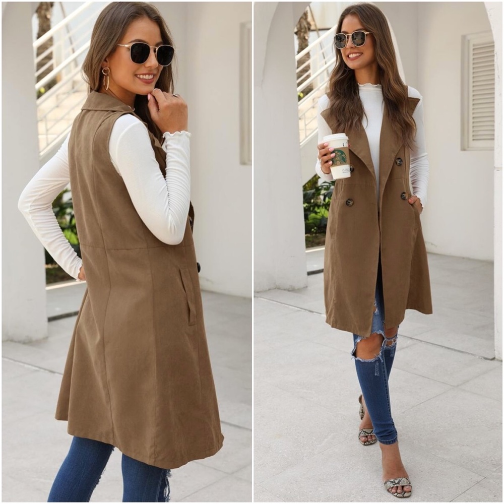 Waterfall button long Vest jacket - brown - Picture 2 of 3